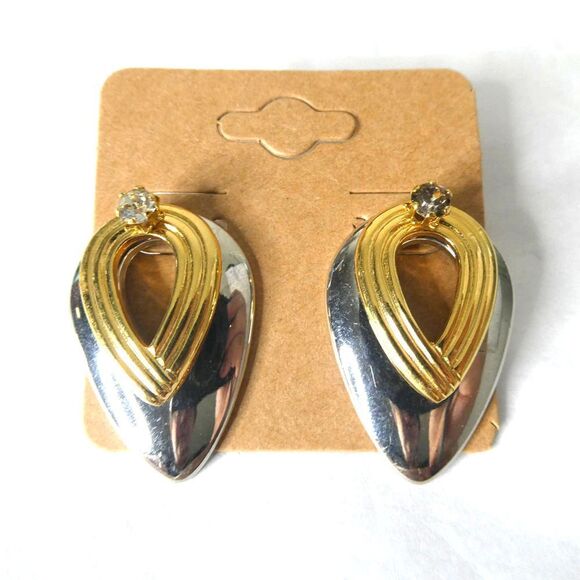 Two Tone Gold Silver Rhinestone Interchangeable Stud Teardrop Earrings Sparkly - Picture 1 of 7